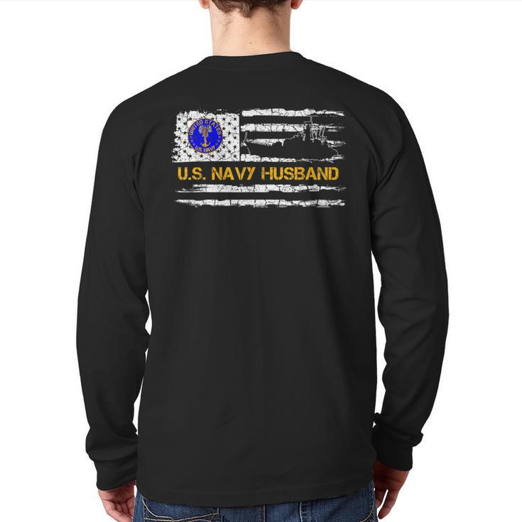 Vintage American Flag Proud Us Navy Husband Veteran Military Back Print Long Sleeve T-shirt