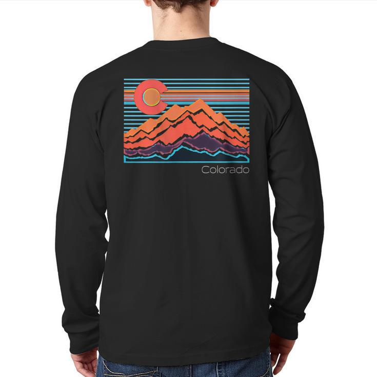 Vintage Colorado Mountain Landscape And Flag Graphic Back Print Long Sleeve T-shirt