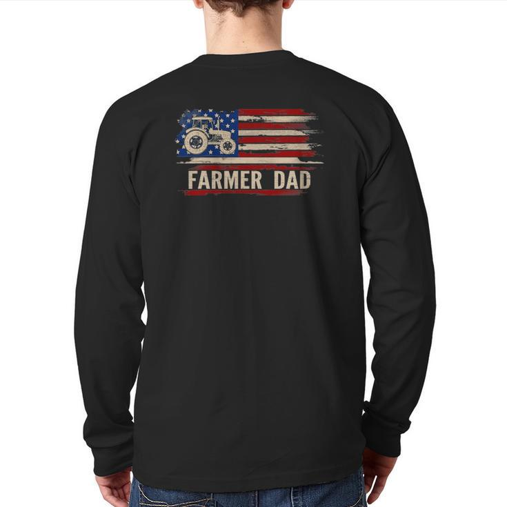 Vintage Farmer Dad American Usa Flag Farming Tractor Back Print Long Sleeve T-shirt