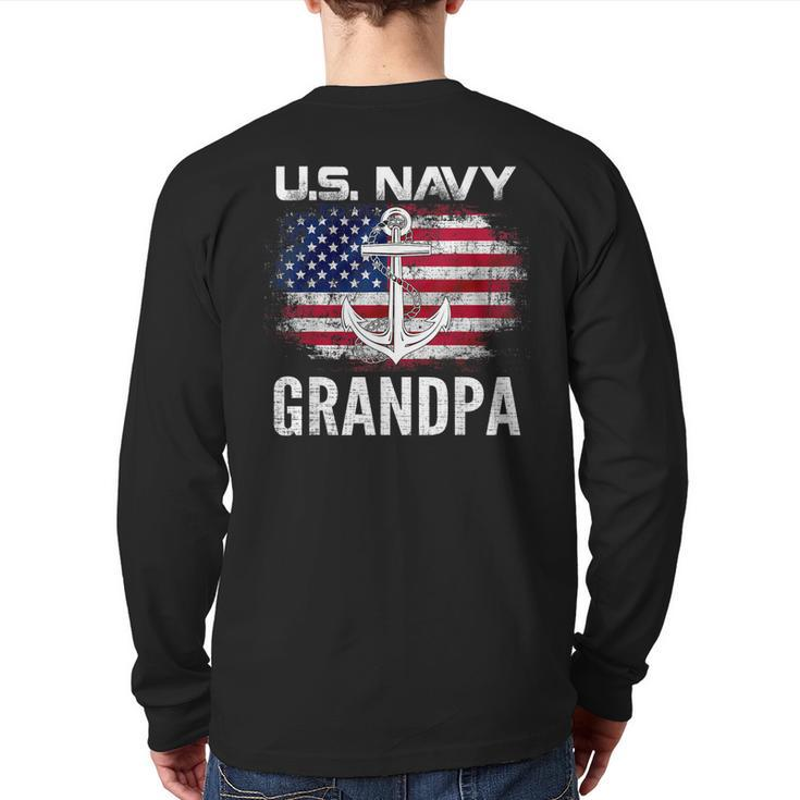 Vintage Us Navy With American Flag For Grandpa Back Print Long Sleeve T-shirt