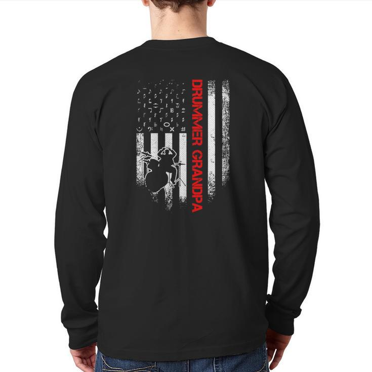 Vintage Usa American Flag Drums Grandpa Drummer Silhouette Back Print Long Sleeve T-shirt