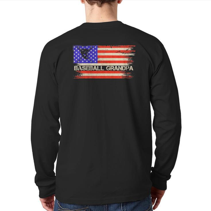 Vintage Usa American Flag Proud Baseball Grandpa Silhouette Back Print Long Sleeve T-shirt