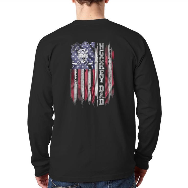 Vintage Usa American Flag Proud Hockey Dad Silhouette Back Print Long Sleeve T-shirt