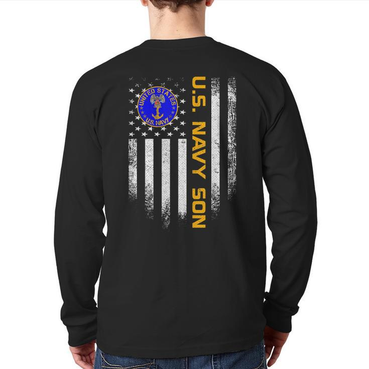 Vintage Usa American Flag Proud Us Navy Son Veteran Military Back Print Long Sleeve T-shirt