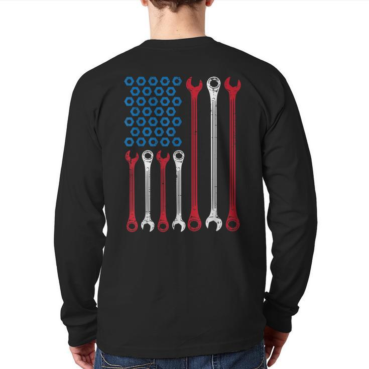 Wrench Flag Vintage Fathers Day Patriotic Mechanic Dad Men Back Print Long Sleeve T-shirt