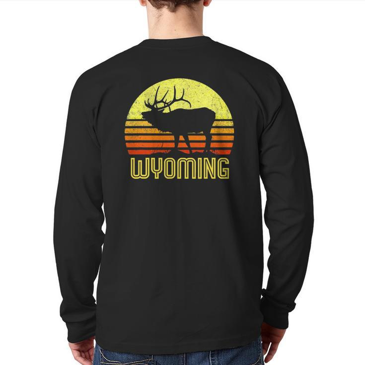 Wyoming Elk Hunter Dad Vintage Retro Sun Bow Hunting Back Print Long Sleeve T-shirt
