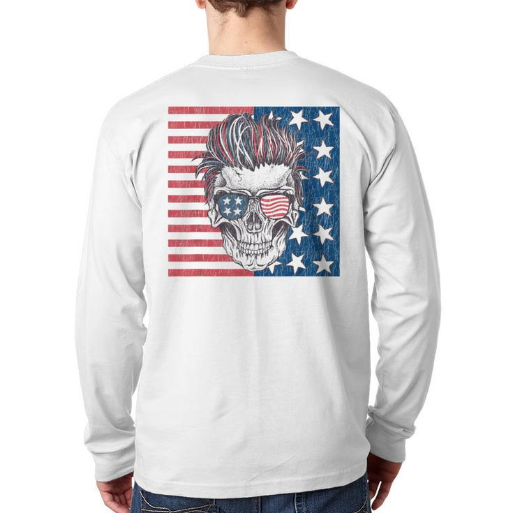 American Flag Skull Skeleton Biker T 4Th Of July Biker  Back Print Long Sleeve T-shirt