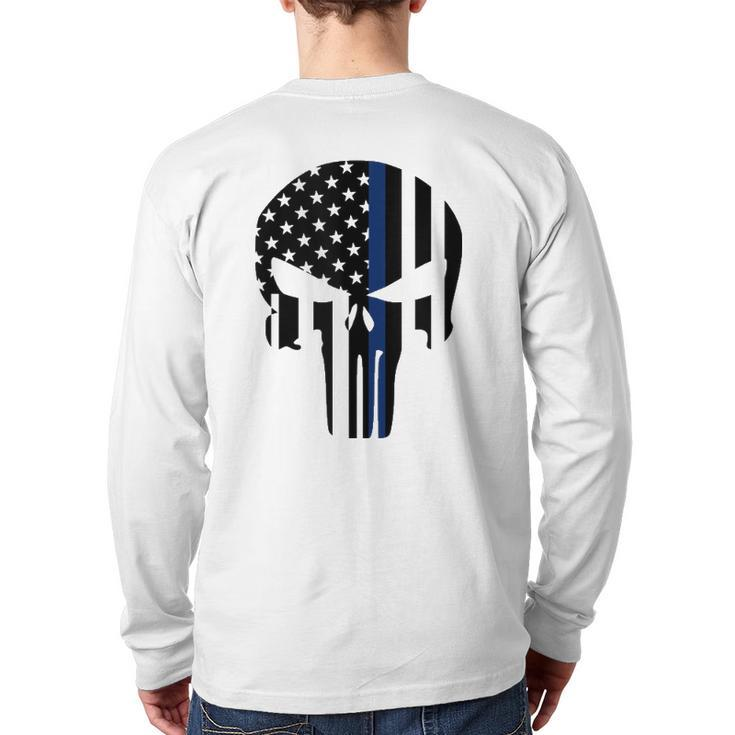 Blue Line American Skull Flag Support Police Back Print Long Sleeve T-shirt