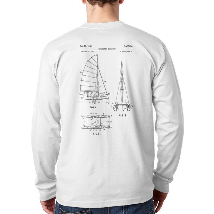 Catamaran Sailboat Blueprint Old Sailing Boat Ocean Back Print Long Sleeve T-shirt
