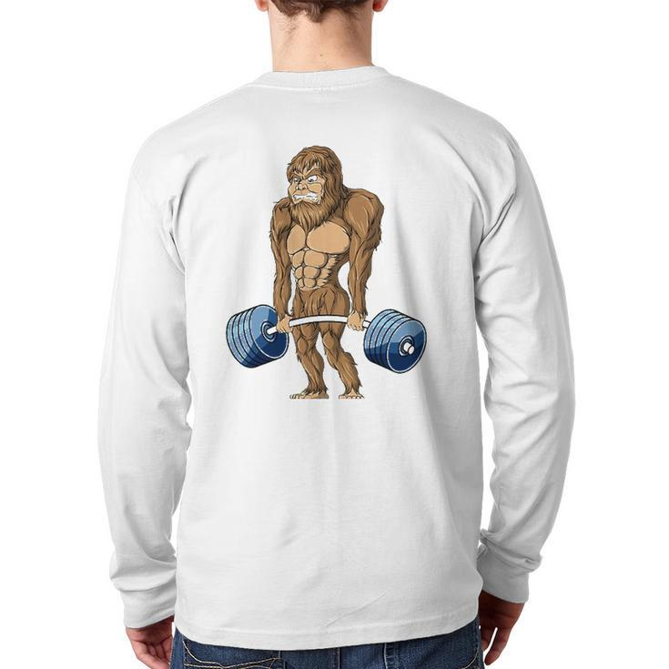 Deadlifting Sasquatch Bigfoot Weightlifting Workout Back Print Long Sleeve T-shirt