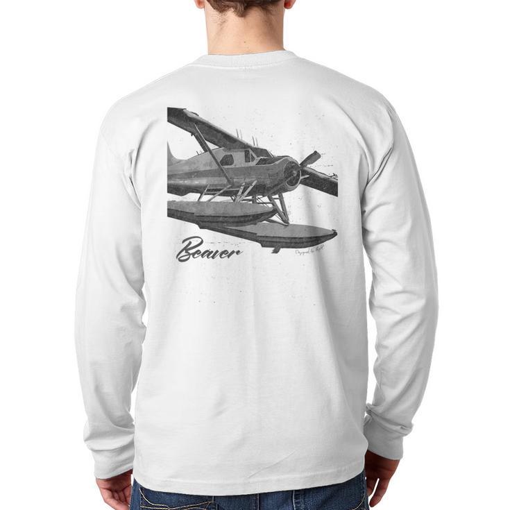 Dhc-2 Beaver Floatplane Charcoal Drawing Airplane Back Print Long Sleeve T-shirt