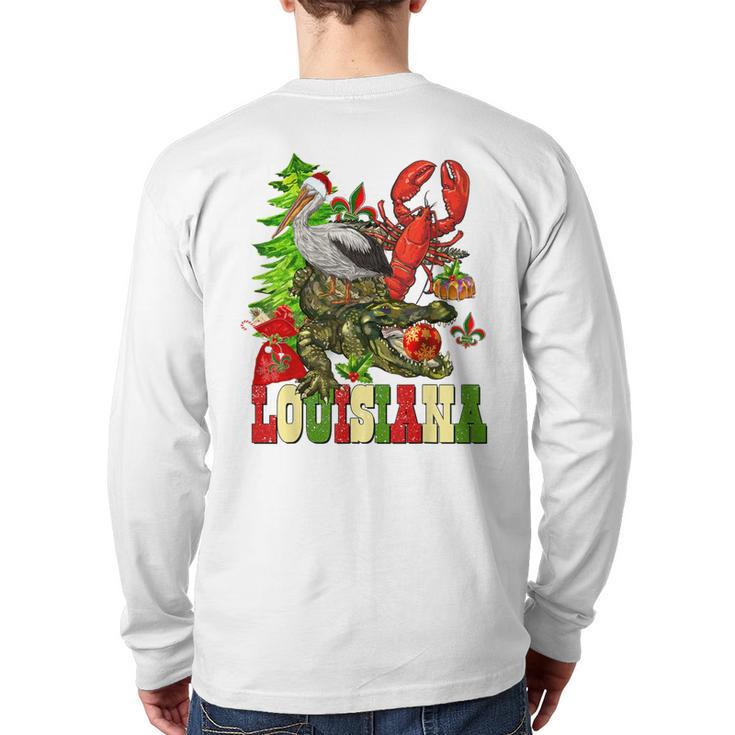 Louisiana Cajun Christmas Crawfish Pelican Alligator Xmas Back Print Long Sleeve T-shirt