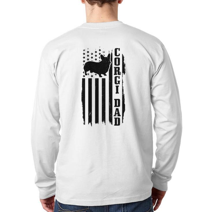 Mens Corgi Dad Vintage American Flag Patriotic Corgi Dog Back Print Long Sleeve T-shirt