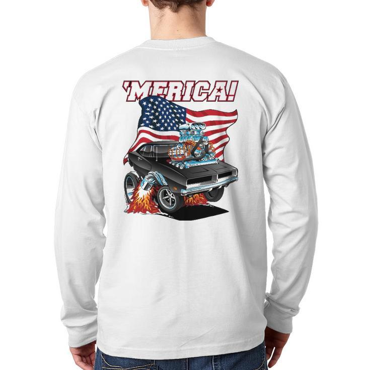 Merica Patriotic Classic Hot Rod Muscle Car Usa Flag Back Print Long Sleeve T-shirt