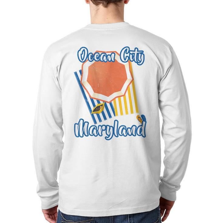 Ocean City Maryland Beach Striped Towel Umbrella Back Print Long Sleeve T-shirt