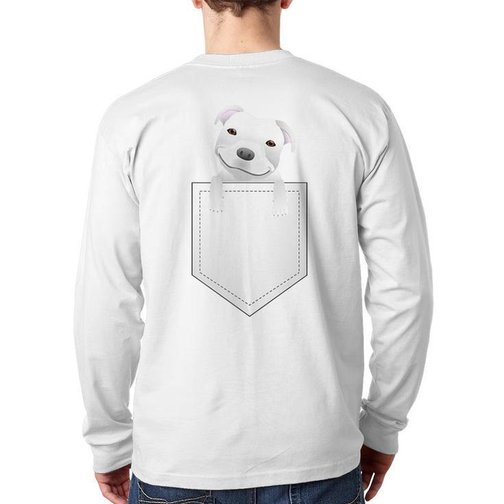 Pocket Pitbull White Puppy Cute Back Print Long Sleeve T-shirt