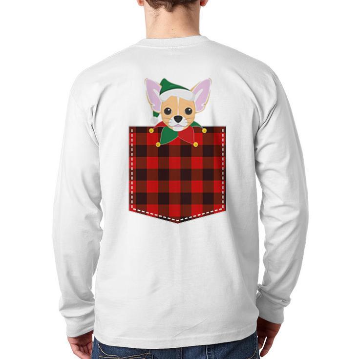 Red Plaid Chihuahua In Pocket Buffalo Family Elf Pajama Back Print Long Sleeve T-shirt