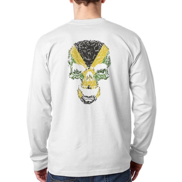 Skull With Jamaica Flag Skeleton Jamaican Roots Back Print Long Sleeve T-shirt