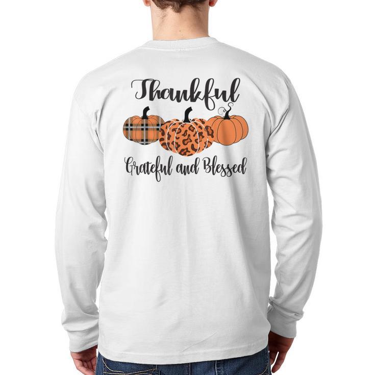 Thankful Grateful Blessed Plaid Leopard Pumpkin Thanksgiving Back Print Long Sleeve T-shirt