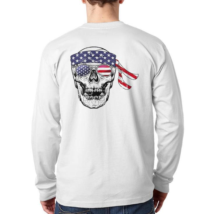 Vintage 4Th Of July Skull Graphic Art Us Flag Patriotic Back Print Long Sleeve T-shirt