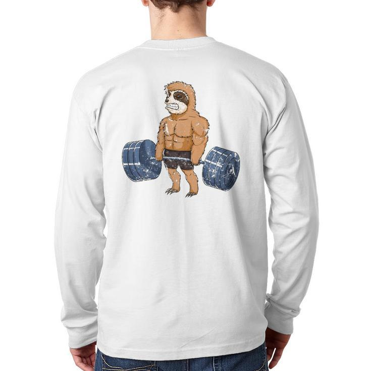 Vintage Sloth Weightlifting Bodybuilder Muscle Fitness Back Print Long Sleeve T-shirt