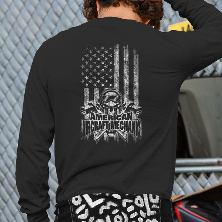 Aircraft Mechanic American Flag Skull And Ratchets Back Print Long Sleeve T-shirt