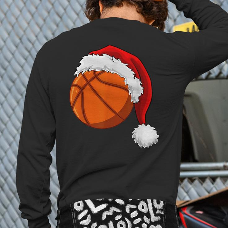 Christmas Basketball Ball Santa Hat Boys Sport Xmas Back Print Long Sleeve T-shirt