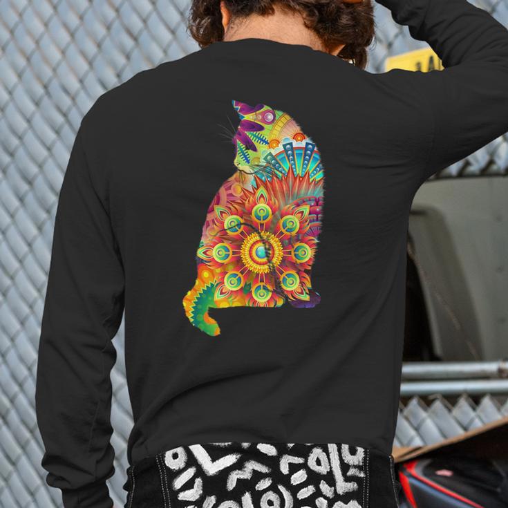 Colorful Cat Lover Feline Psychedelic Abstract Hippy Back Print Long Sleeve T-shirt