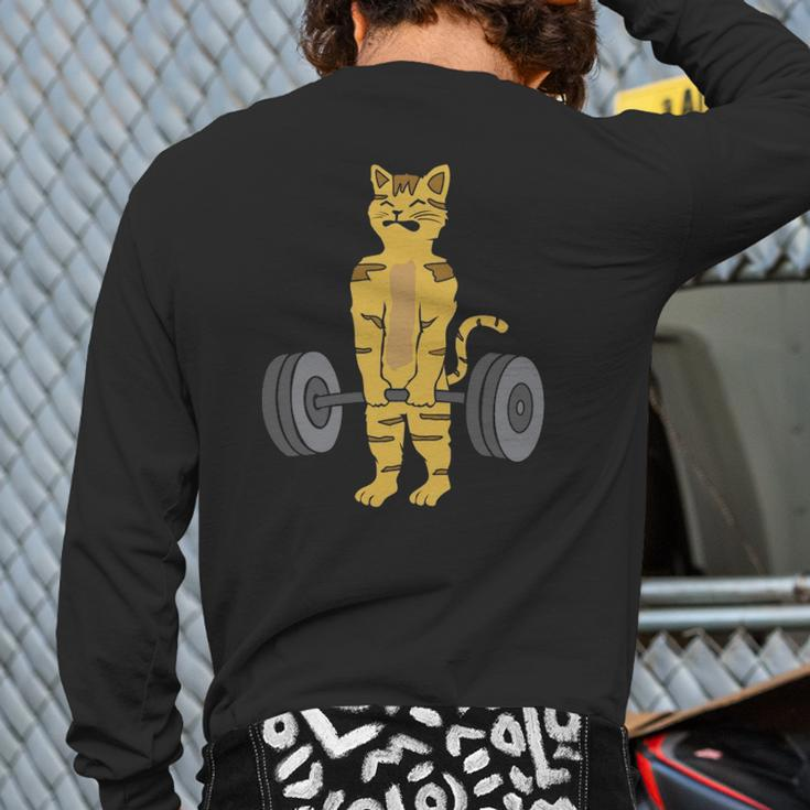 Deadlifting Cat Weightlifters Gym Workout Back Print Long Sleeve T-shirt