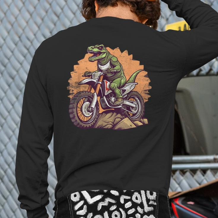 Dinosaur On Dirt Bike T-Rex Motorcycle Riding Back Print Long Sleeve T-shirt