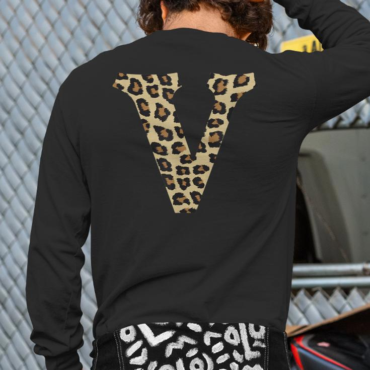 Leopard Cheetah Print Letter V Initial Rustic Monogram Back Print Long Sleeve T-shirt