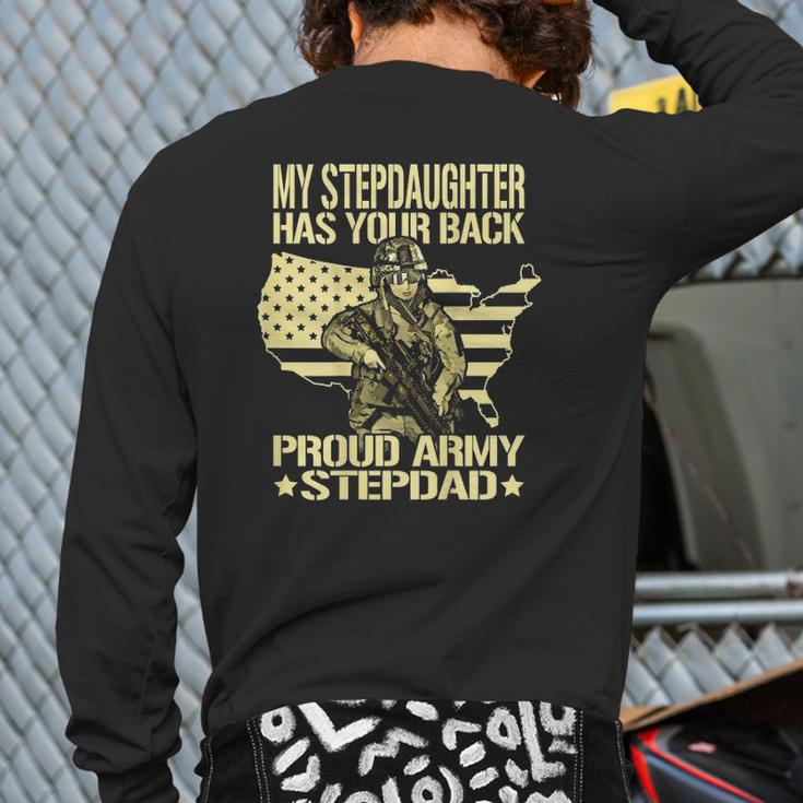 Mens My Stepdaughter Has Your Back Proud Army Stepdad Dad Back Print Long Sleeve T-shirt