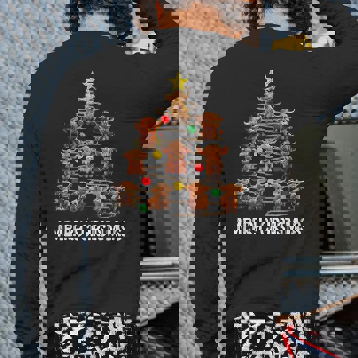 Merry Christmas Highland Cow Western Xmas Tree Pajama Back Print Long Sleeve T-shirt Merry Christmas Highland Cow Western Xmas Tree Pajama Back Print Long Sleeve T-shirt