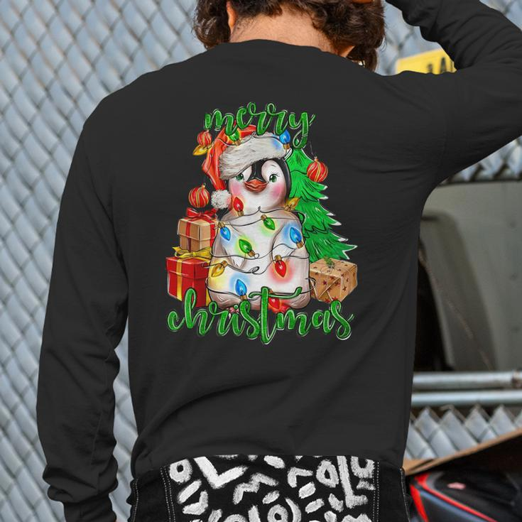 Merry Christmas Penguin Xmas Tree Lights Xmas Holiday Pajama Back Print Long Sleeve T-shirt