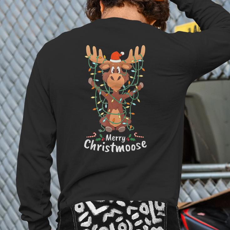Merry Christmoose Christmas Moose Xmas Tree Lights Back Print Long Sleeve T-shirt