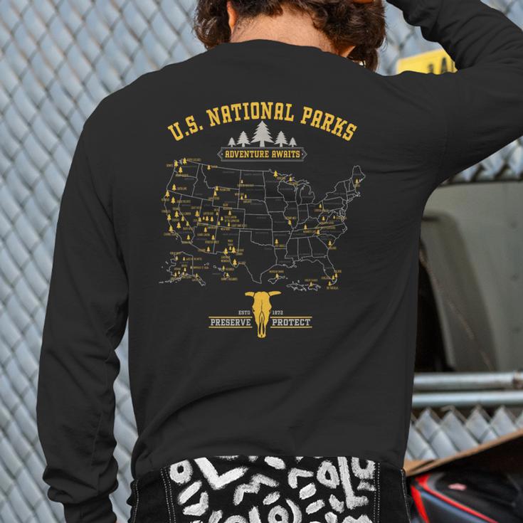 National Parks Map Vintage American Hiking Camping Back Print Long Sleeve T-shirt