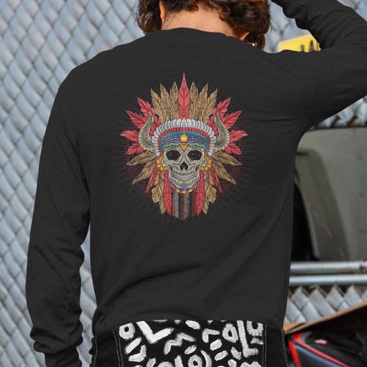 Native American Indian Chief Skull Motorcycle Headdress Red Back Print Long Sleeve T-shirt