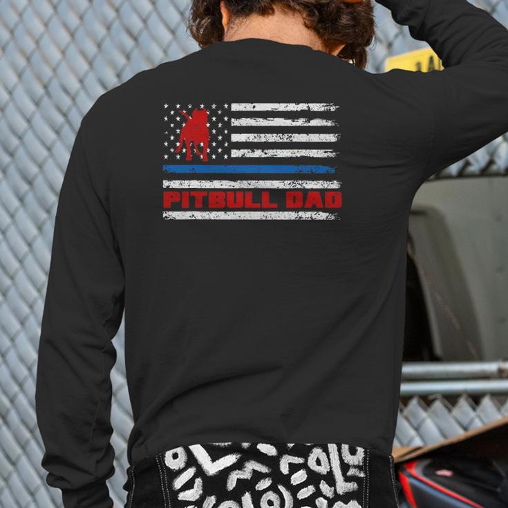 Pitbull Dad Mens Proud American Pit Bull Dog Flag Back Print Long Sleeve T-shirt