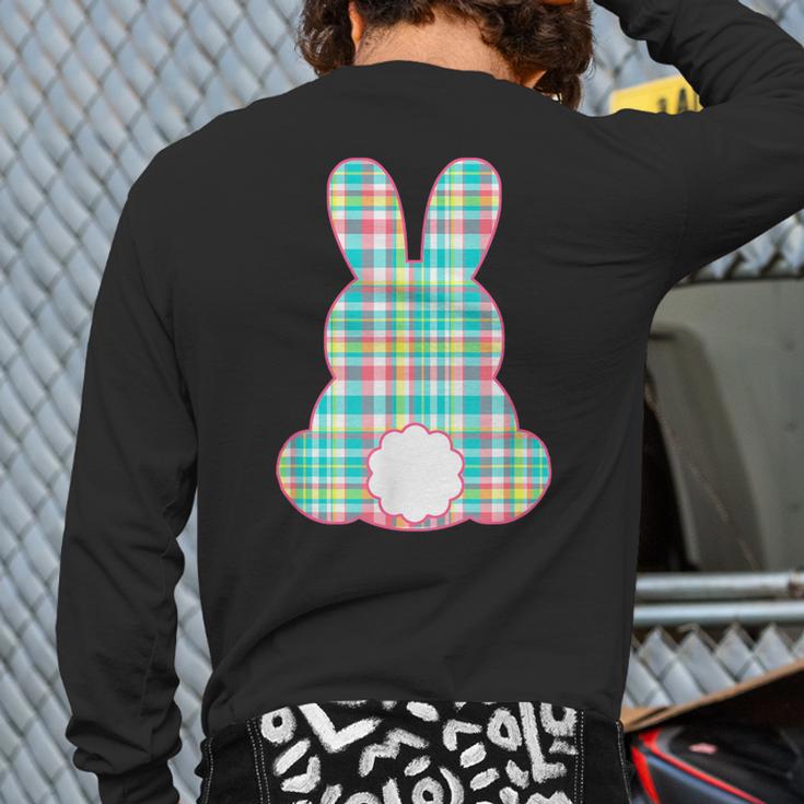 Plaid Pastel Multi Color Gingham Check Easter Bunny Back Print Long Sleeve T-shirt