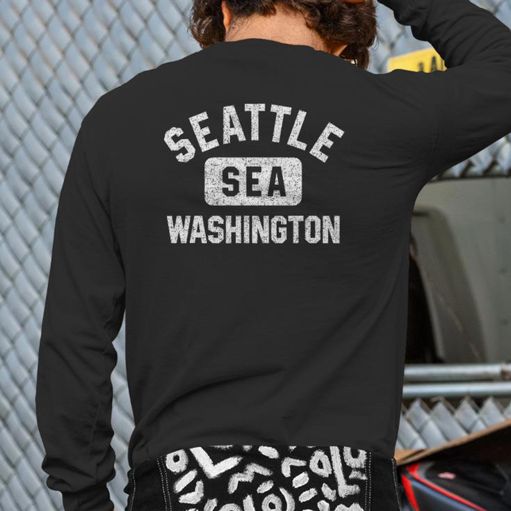 Seattle Washington Sea Gym Style Distressed White Print Back Print Long Sleeve T-shirt