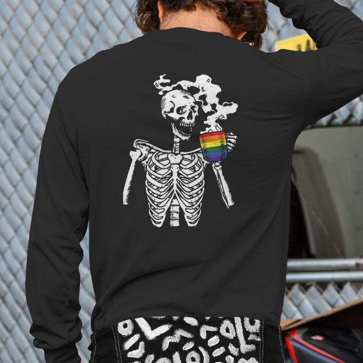 Skeleton Drinking Coffee Gay Pride Skull Lgbt Q Ally Back Print Long Sleeve T-shirt