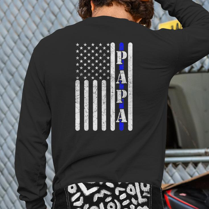 Thin Blue Line Papa Vintage Police American Flag Father's Day Back Print Long Sleeve T-shirt