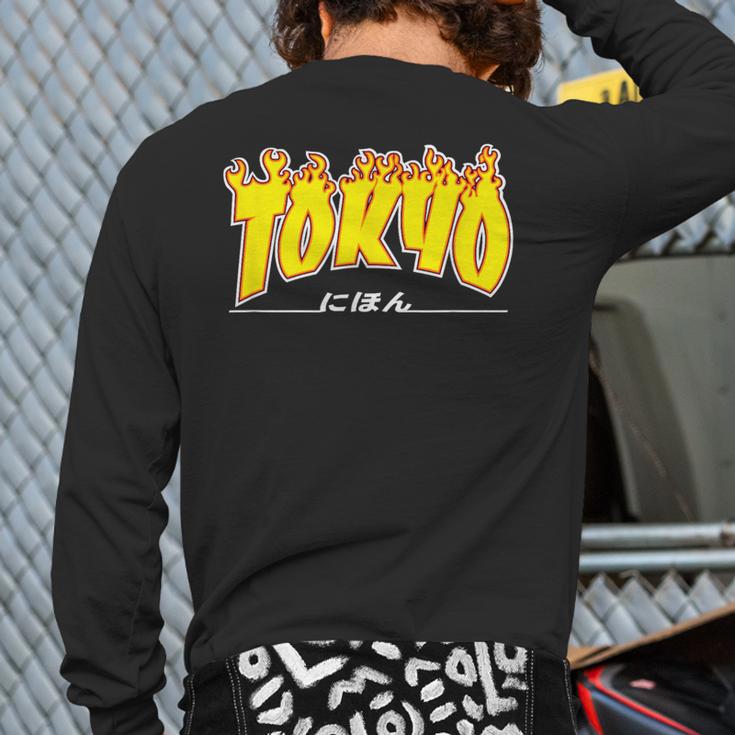 Tokyo Japan Trasher Yellow Orange And Black Flame Back Print Long Sleeve T-shirt