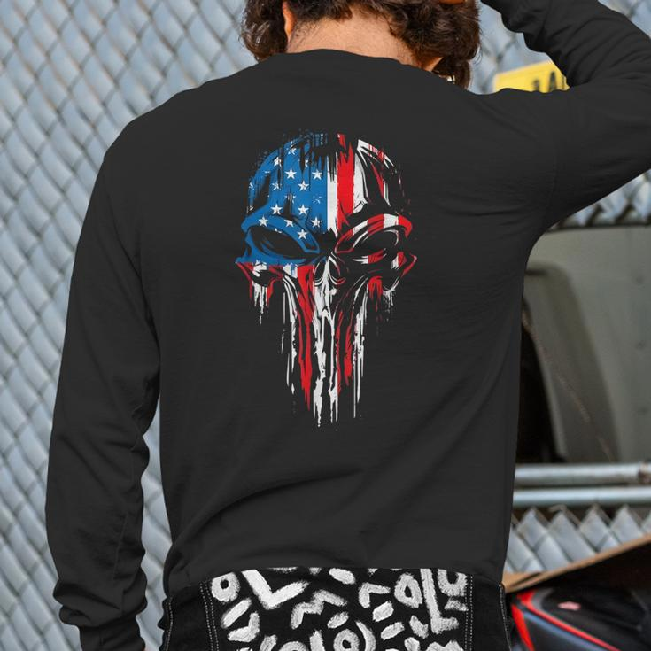 Usa Military American Skull Flag Patriotic 4Th July Mens Back Print Long Sleeve T-shirt