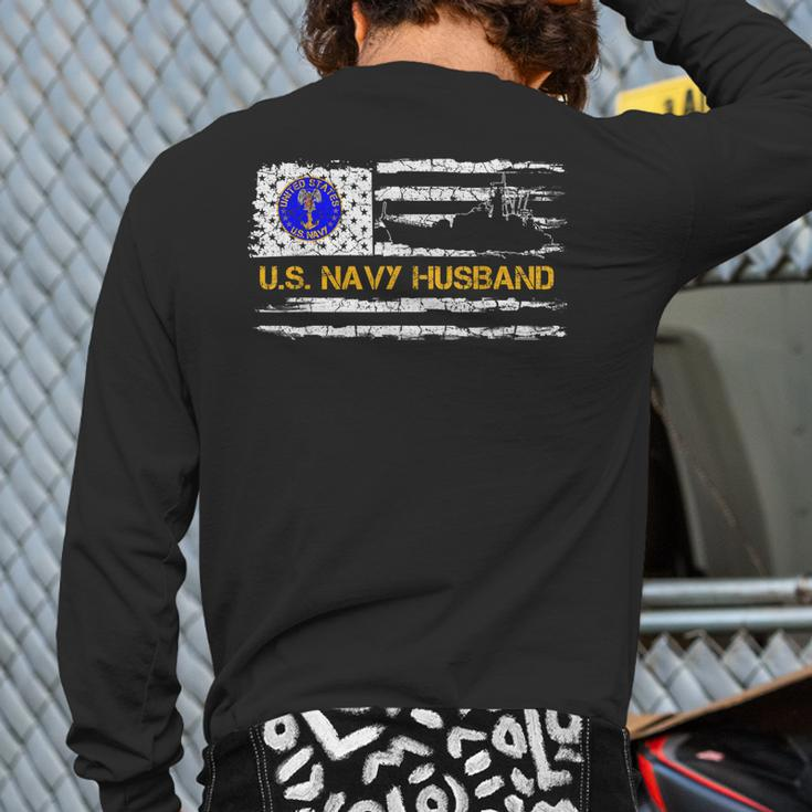 Vintage American Flag Proud Us Navy Husband Veteran Military Back Print Long Sleeve T-shirt