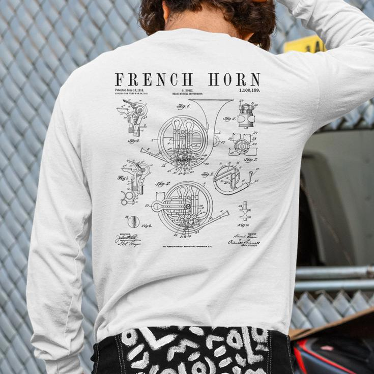 French Horn Old Vintage Antique Patent Drawing Print Back Print Long Sleeve T-shirt