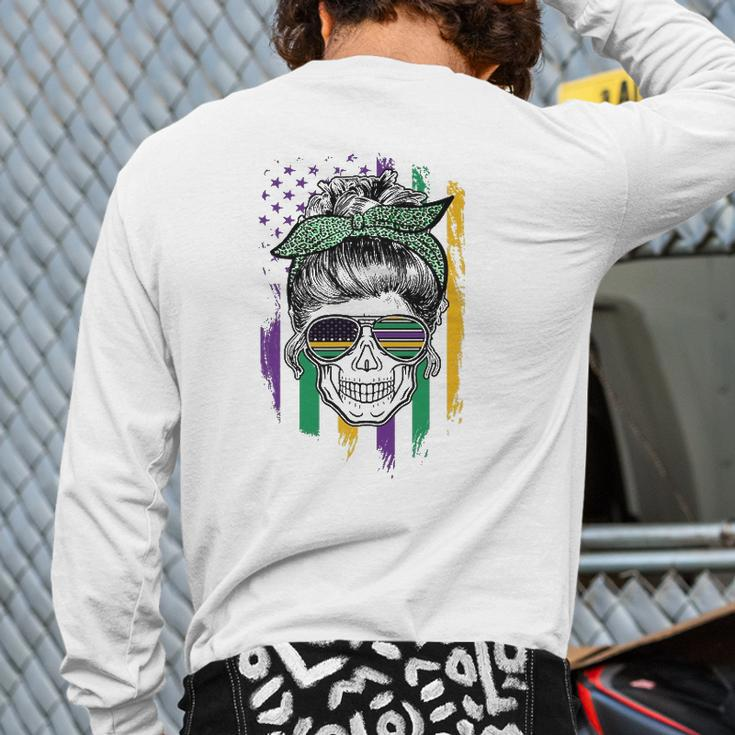 Mardi Gras Skull American Flag Back Print Long Sleeve T-shirt