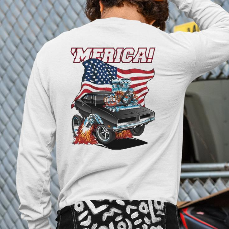 Merica Patriotic Classic Hot Rod Muscle Car Usa Flag Back Print Long Sleeve T-shirt