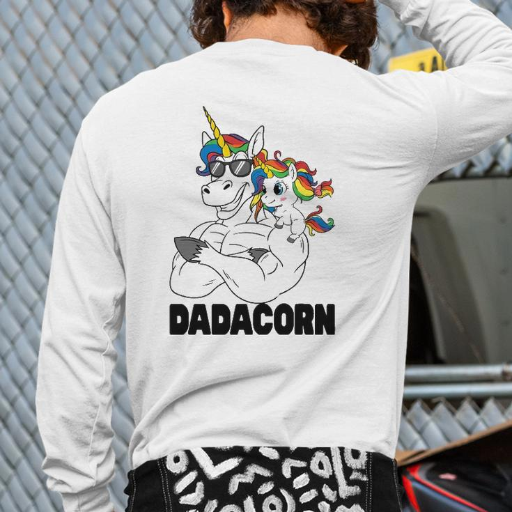Muscle Unicorn Dad Baby Daughter Shoulder Sitting Dadacorn Back Print Long Sleeve T-shirt