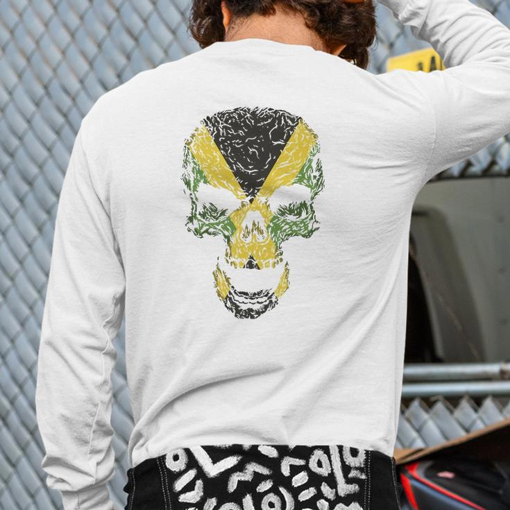 Skull With Jamaica Flag Skeleton Jamaican Roots Back Print Long Sleeve T-shirt